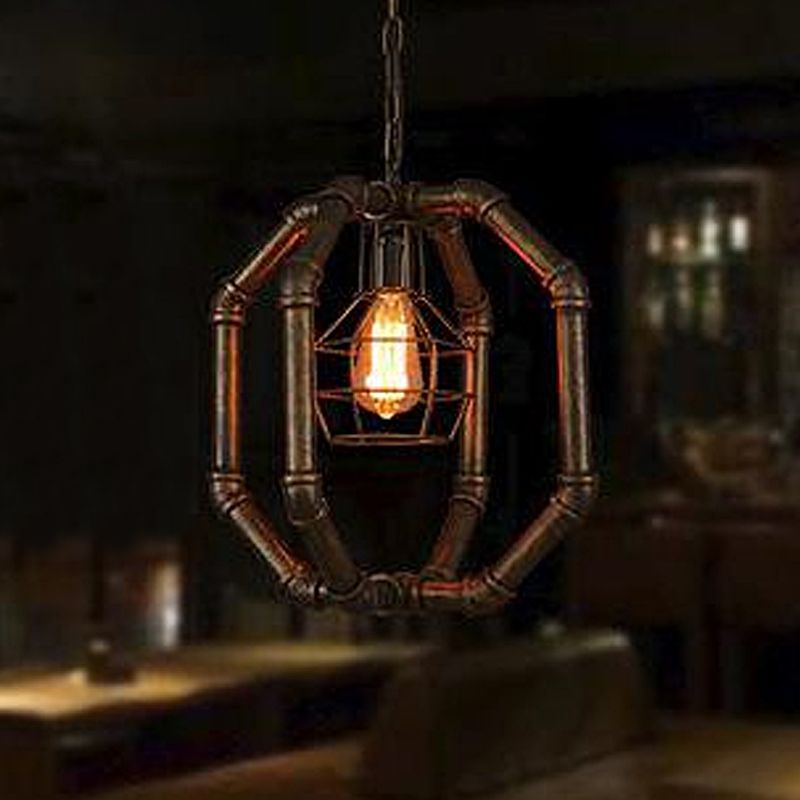 1 Bulb Metal Hanging Lamp Farmhouse Style Brass Water Pipe Restaurant Ceiling Fixture with Inner Dome Cage Shade