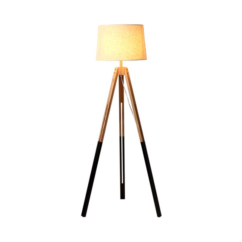 3-Legged Drum Shade Floor Light Modern Fabric 1 Bulb Black/White and Wood Floor Standing Lamp for Living Room