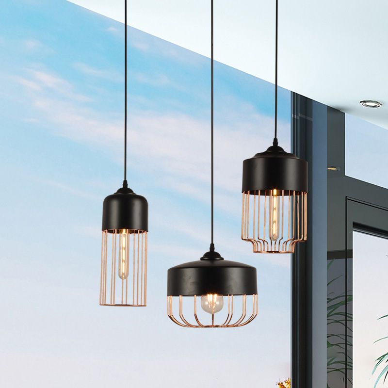 Iron Geometrical Cage Pendant Light Antique 1-Light Dining Room Hanging Light Fixture in Black