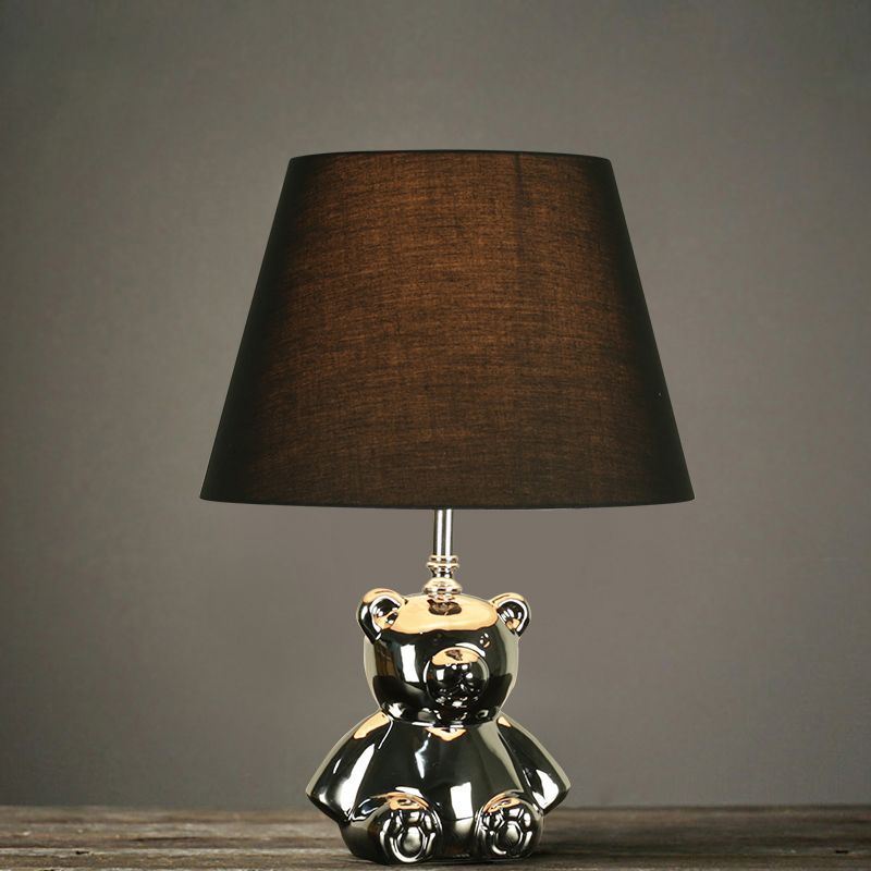 Ceramic Silver/Gold Night Lighting Bear 1 Head Countryside Table Light with Tapered Drum Fabric Shade