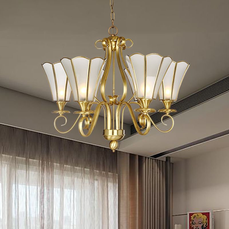 White Frosted Glass Floral Pendant Chandelier Colonialist 6 Lights Bedroom Suspended Lighting Fixture in Brass