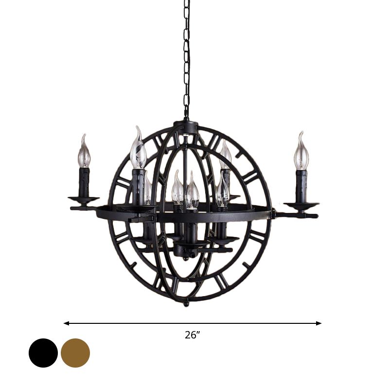 Industrial Globe Cage Chandelier Lighting Fixture 6-Bulb Iron Ceiling Light in Bronze/Black with Candle Design