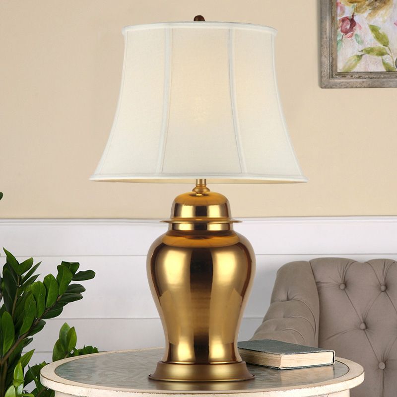 Fabric Paneled Base Night Light Country 1 Light Living Room Nightstand Lamp in White with Urn Pedestal