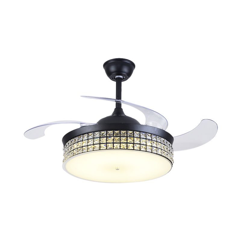 4-Blade Drum Semi Flush Mount Light Contemporary Cut Crystal 19" Width LED Black Hanging Fan Lamp