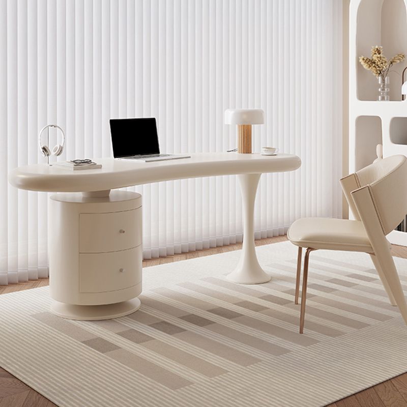 Irregular Shaped Wooden Office Desk White Writing Desk with 2-Drawer