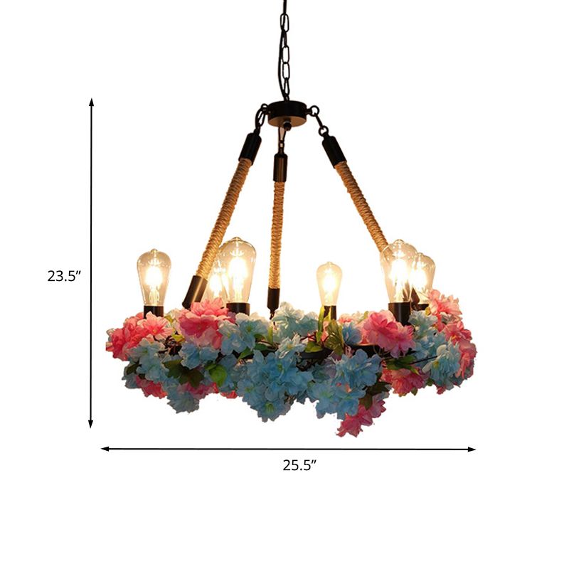 6 Bulbs Chandelier Light Industrial Exposed Bulb Metal LED Suspension Lamp in Black with Cherry Blossom