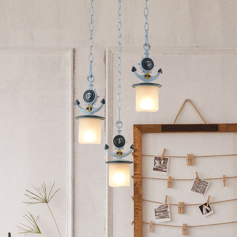 Kids Cylindrical Cluster Pendant Light Opal Glass 3 Bulbs Bedroom Down Lighting in Blue with Round/Linear Canopy