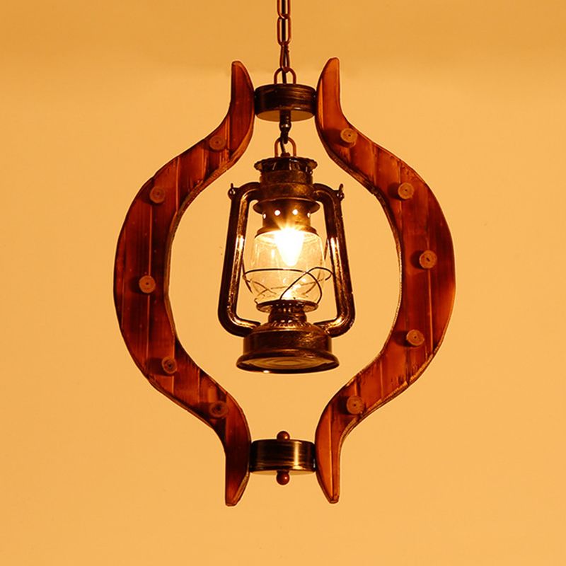 1 Light Lantern Iron Hanging Lighting Warehouse Brass Clear Glass Pendant Lamp with Wood Frame