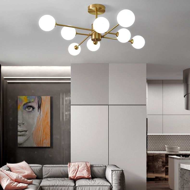 Post-Modern Metal Radial Hanging Chandelier Light Spherical Glass Shade Suspension Light  in Gold