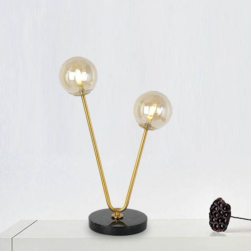 Ball Shade Table Lamp Post Modern Glass 2 Lights Gold Table Light with Marble Base