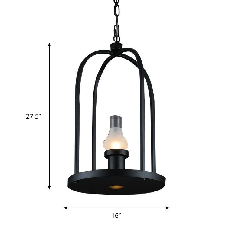 Colgante colgante colgante de vidrio helado en forma de bulbo Estilo de fábrica 1 Lámpara de suspensión de club de campo de bombilla con marco de jaula de aves en negro