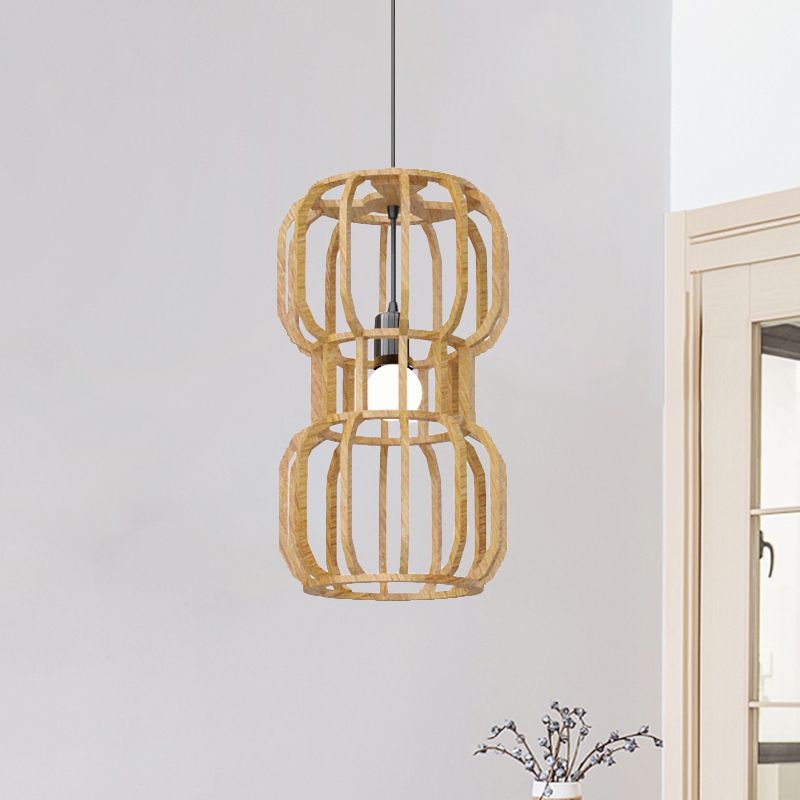 Wood Dumbbell Frame a sospensione Light Asian 1 Testa Kit lampada sospesa beige per ristorante