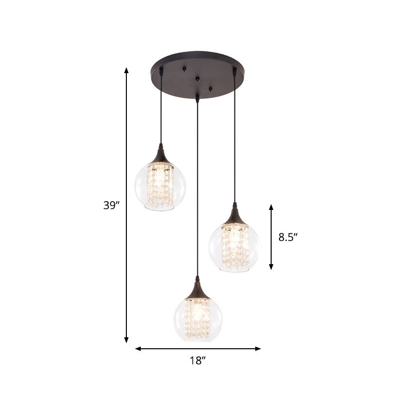 Simple Style Globe Multi Ceiling Light Clear Glass 3 Bulbs Dining Room Hanging Lamp in Black, Round/Linear Canopy