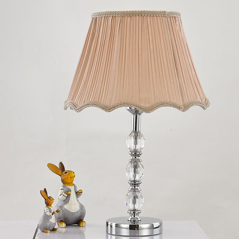 1-Head Bedroom Crystal Table Light Minimalism Beige Nightstand Lamp with Bell Fabric Shade