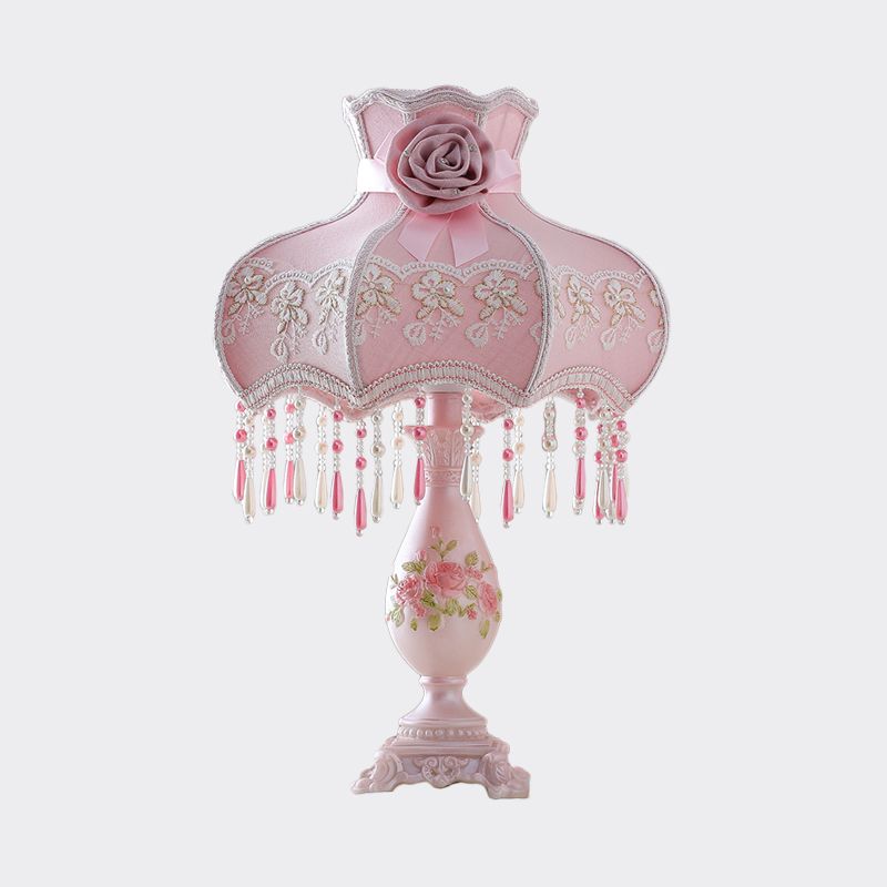 Korean Garden Scalloped Table Light Fabric Bedroom Night Lamp in Pink with Drape and Vase Base