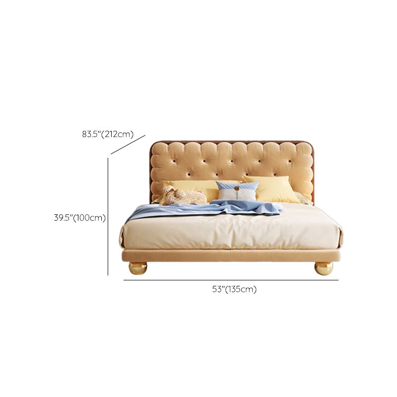 Brown Upholstered Bed Frame Modern Cookie Shaped Heaboard Standard Bed