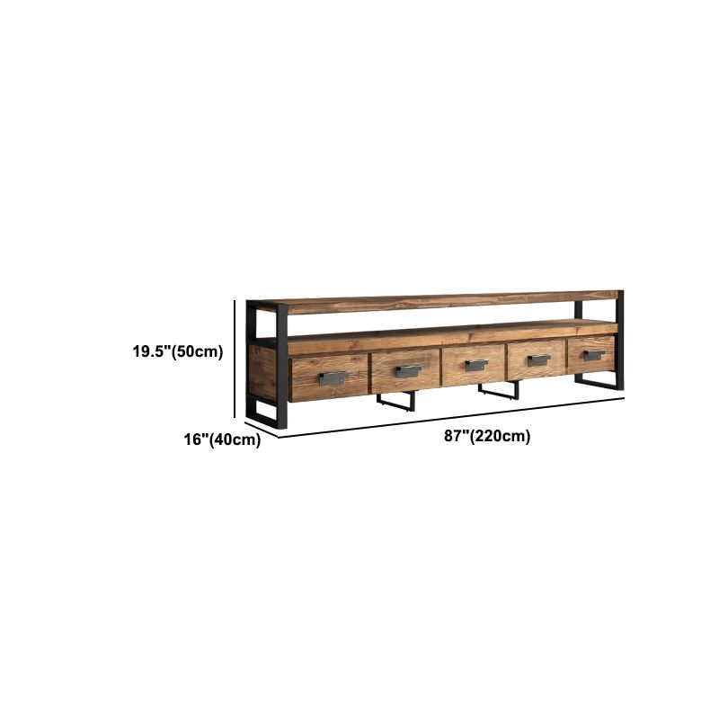 Brown Media Console with Shelves Industrial Pine Wood Top TV Media Stand