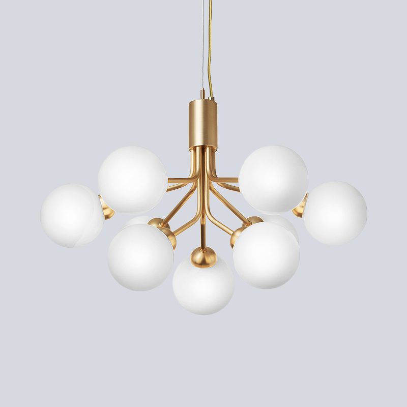 Contemporary 9 Bulbs Chandelier Lighting with Cream Glass Shade Brass Molecular Hanging Lamp Fixture