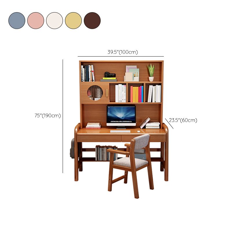 Solid Wood Home Study Desk with Bookshelf Multifunctional Lifting Student Table