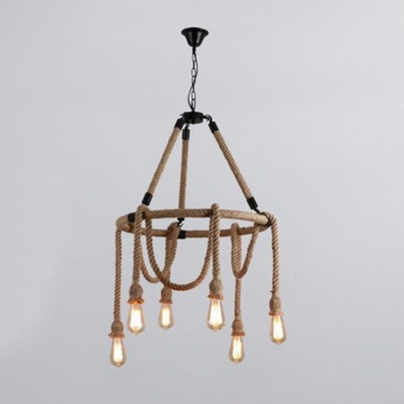 Industrial Chandelier Bare Bulb Manila Rope Vintage Room Light Shop Light