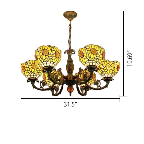 6 lumières Sunflower suspendues Lumières Tiffany Style Tache-vitrail Éclairage pour chambre à coucher