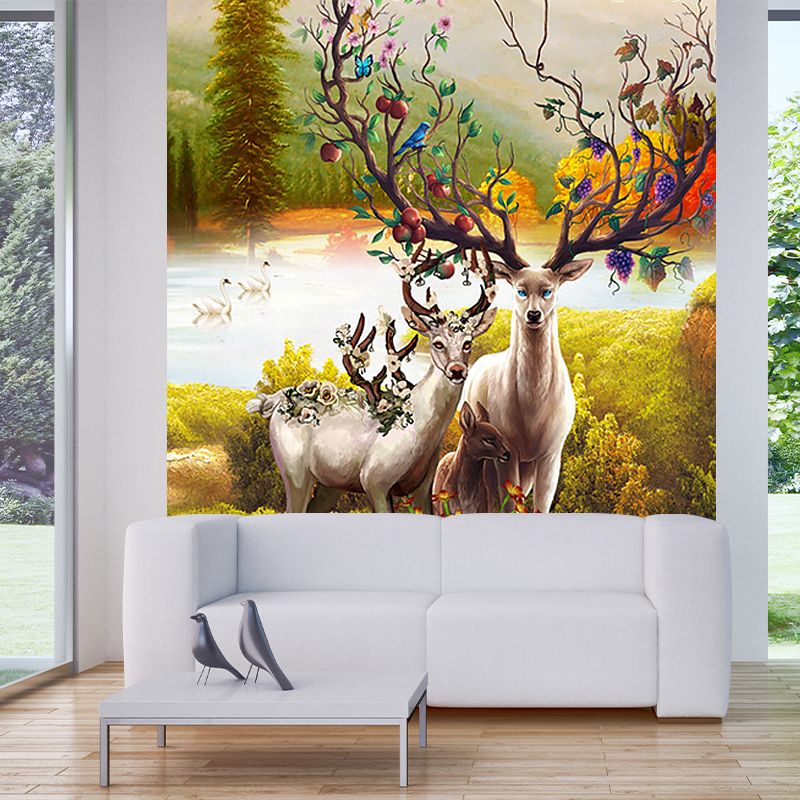 Deer in Sunrise Mountain Mural Yellow-Green Childrens Art Wall Covering for Bedroom