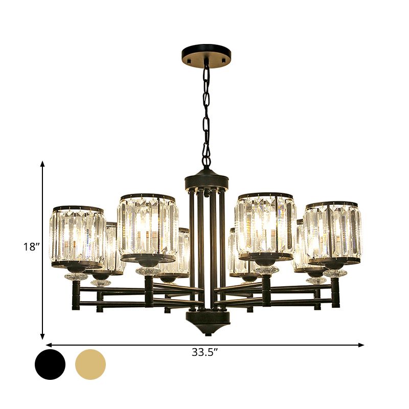 Metal Frame Parlour Pendant Light Modern Crystal Drum Shade 8 Heads Black/Gold Chandelier Lamp