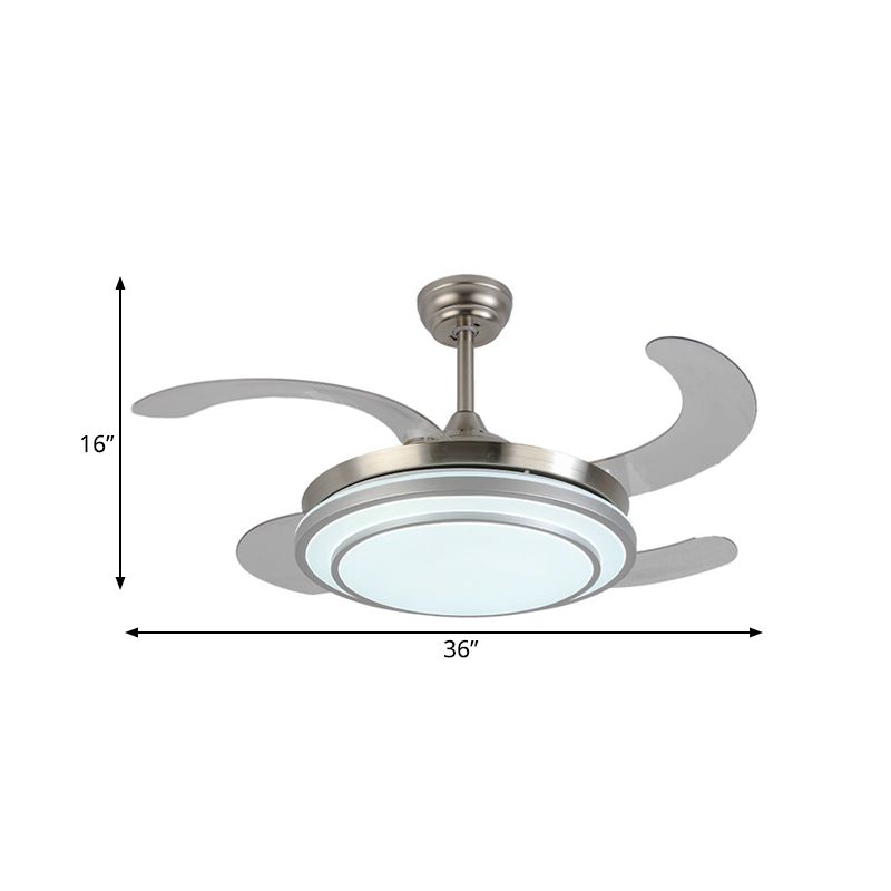 36 "W Nickle Circle hangerse ventilatorverlichting Moderne metalen LED Slaapkamer Semi Flush Mount Light met 4 messen, afstandsbediening/frequentieconversie en afstandsbediening