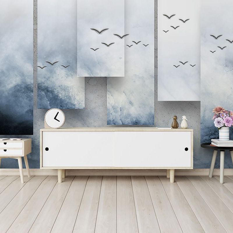 Tropical Sea Gulls Wallpaper Mural Royal Blue-White Stain Resistant Wall Decor for Bedroom