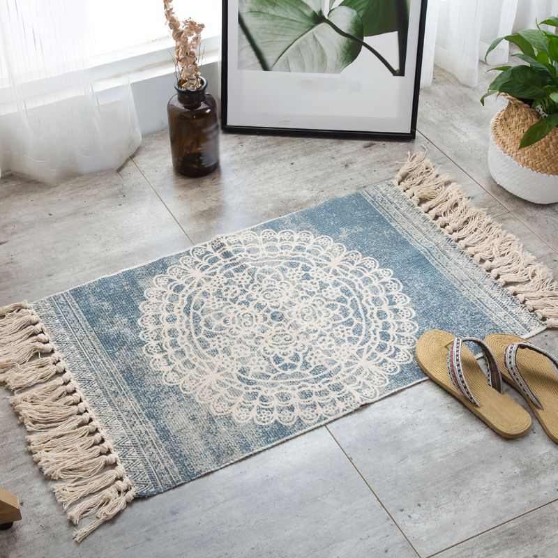 Blue Boheems RUG COTTONA AMERICANA PATRIJD Tapijt Fringe binnen Teken voor slaapkamer