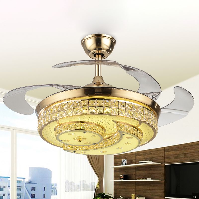 3 Blades Crescent Bedroom Fan Lighting Simplicity Crystal Gold LED Semi Flush Mount Ceiling Fixture, 42.5" Wide