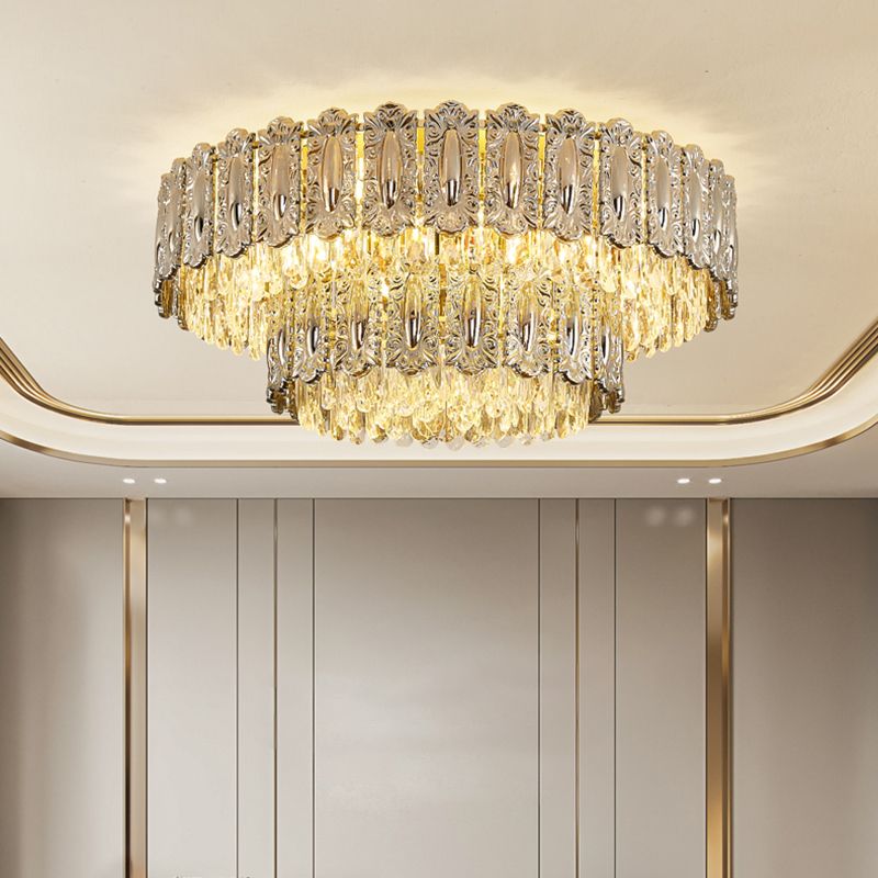 Iron and Crystal Drum Ceiling Flush in Gold Contemporary Flush Mount