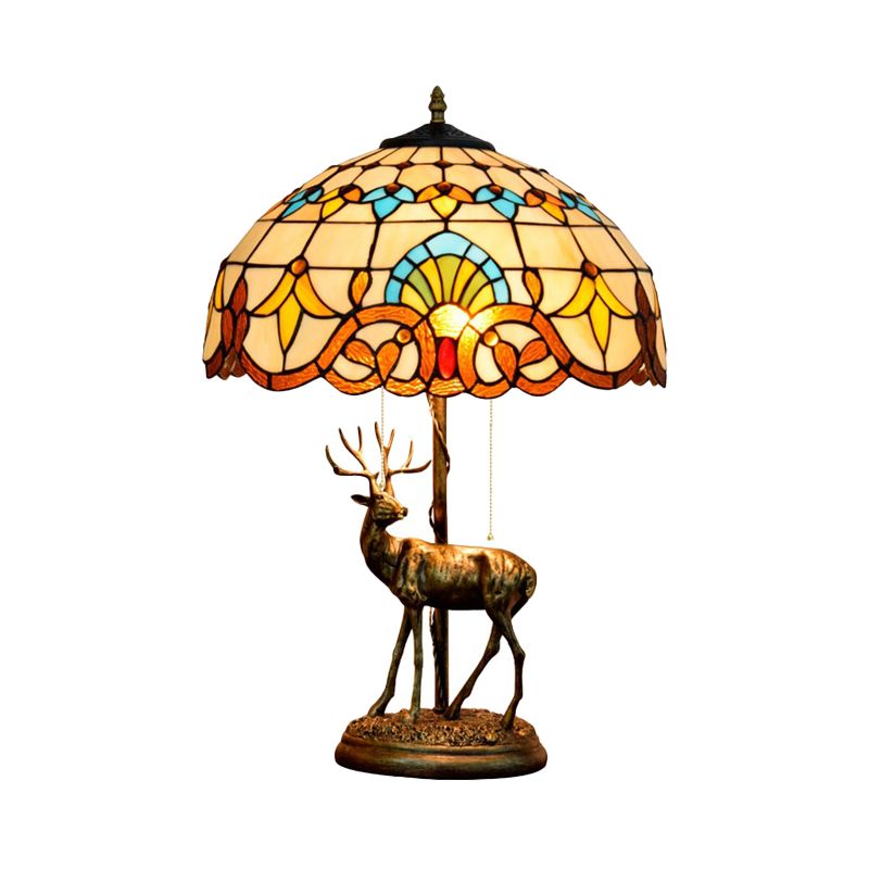 2-Light Parrot Pull Chain Table Lighting Tiffany Beige/Blue-White Stained Glass Night Stand Lamp with Deer Decoration