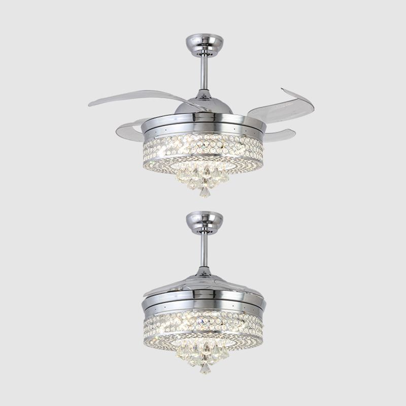 42" W Chrome Round Hanging Fan Lamp Minimalist Beveled Crystal LED Semi Flush Light Fixture with 4 Blades