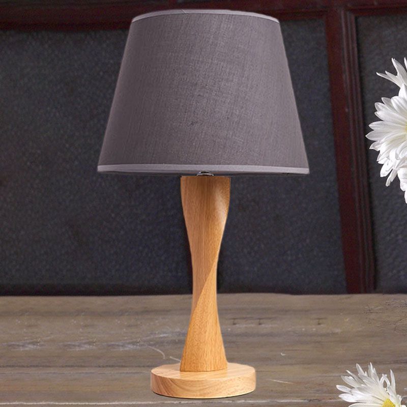 Wood Twisted Night Lamp Cottage 1 Light Living Room Table Lighting with Conic Fabric Shade in Beige/Grey/Flaxen