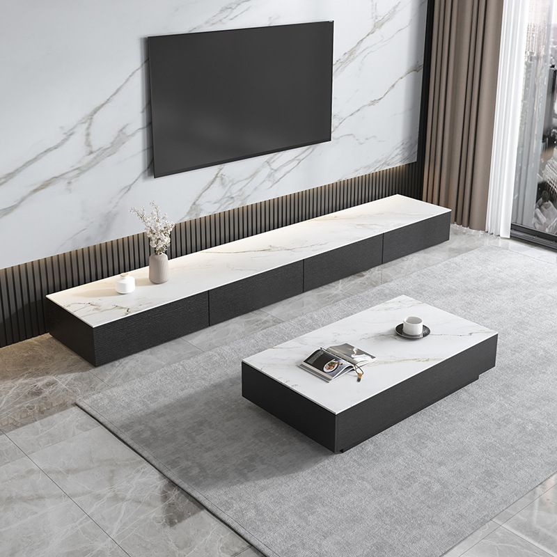 Contemporary Stone TV Stand White & Black TV Media Console with Drawers for Living Room