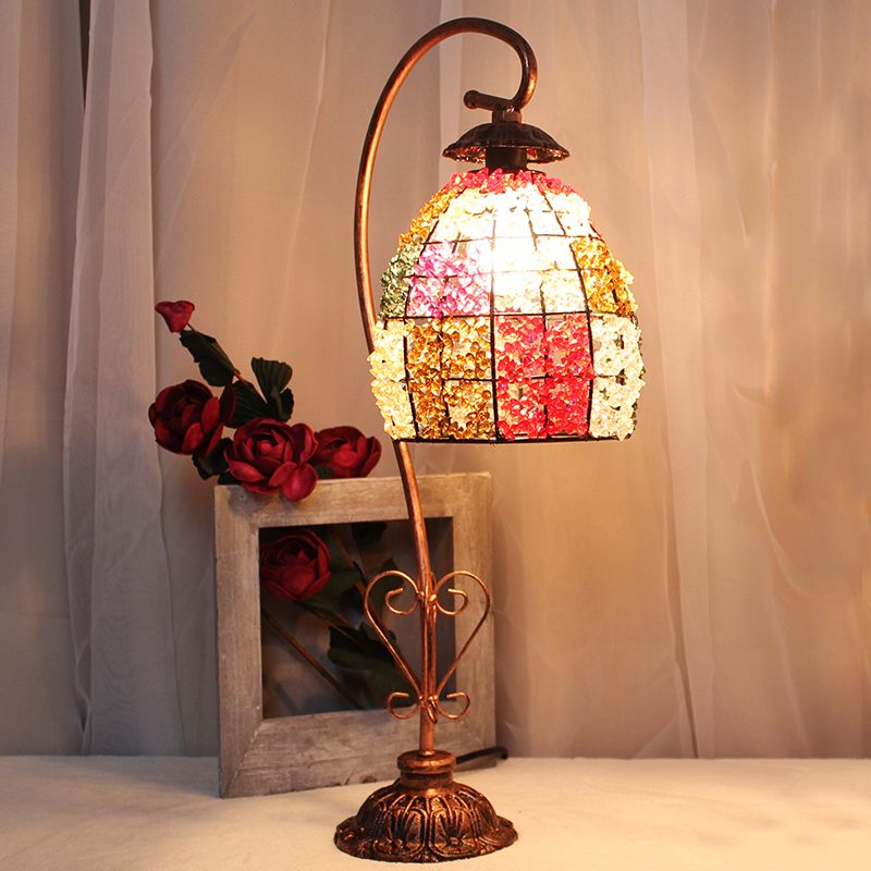 1-Head Metal Night Table Lamp Vintage White/Pink/Red Cone/Dome/Globe Living Room Nightstand Lighting with Curving Arm