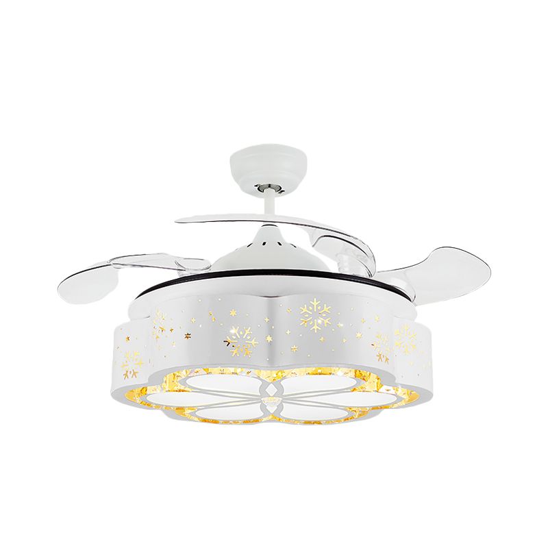 16" W White Floral/Drum Ceiling Fan Light Modern Crystal Bedroom LED Semi Flush Mount with 3 Retractable Blades