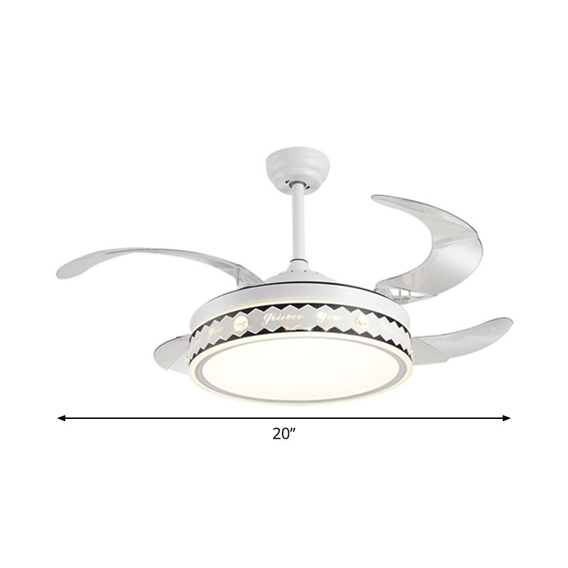 Trommelschaduw 4-blade hangende ventilatorlamp eenvoudige LED witte semi-spoelbevestiging, 20 "breed