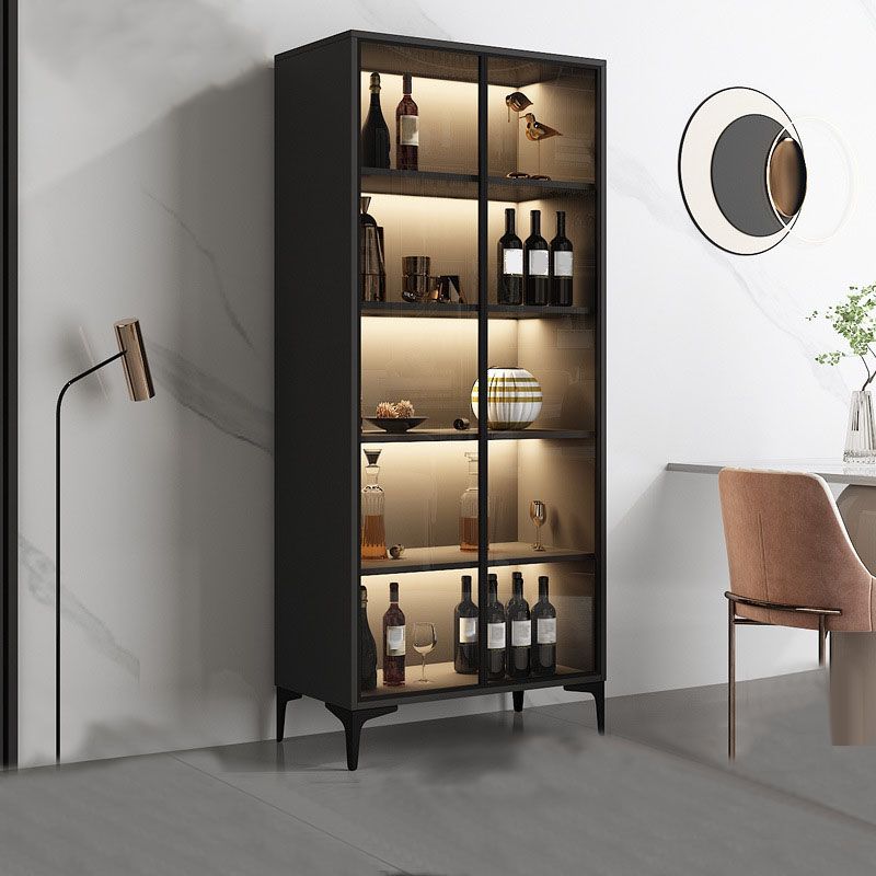 Contemporary Faux Wood Display Stand Glass Doors Storage Cabinet for Dining Room