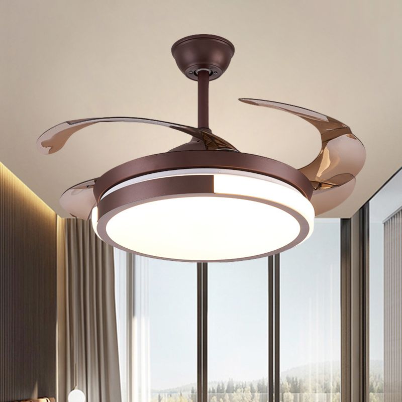 Modernist Round Hanging Fan Light Metallic Living Room LED Semi Flush Mount in Brown/White/Gold with 4 Blades, 42" Wide