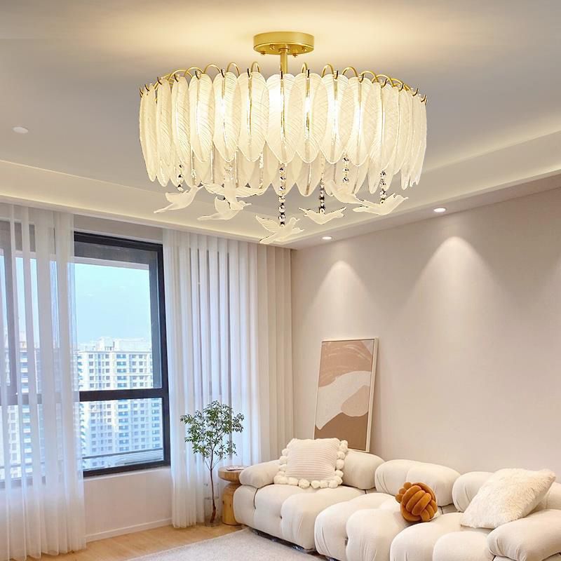 Nordic Ceiling Light Feather-shaped Glass Flush Mount Lighting Fixture for Bedroom