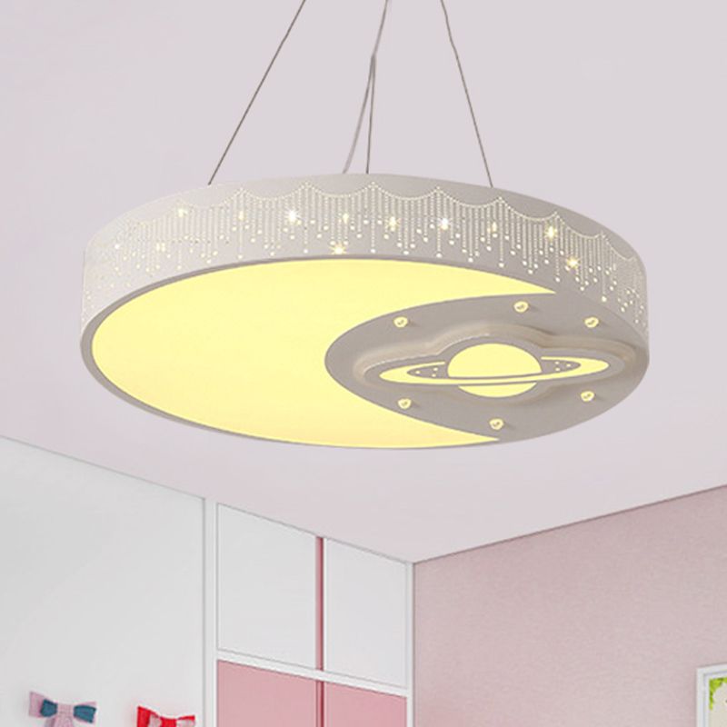 Metal Round Pendant Light with Moon and Planet Living Room Kids Chandelier in White