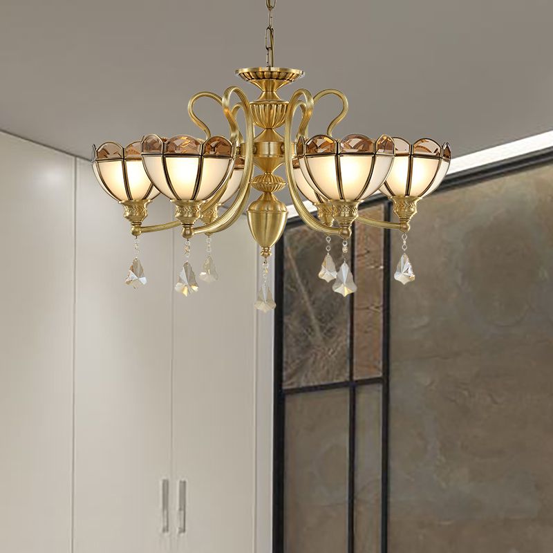 Bowl Frosted Glass Suspension Pendant Colonial 6 Bollen woonkamer Kroonluchter verlichting in goud