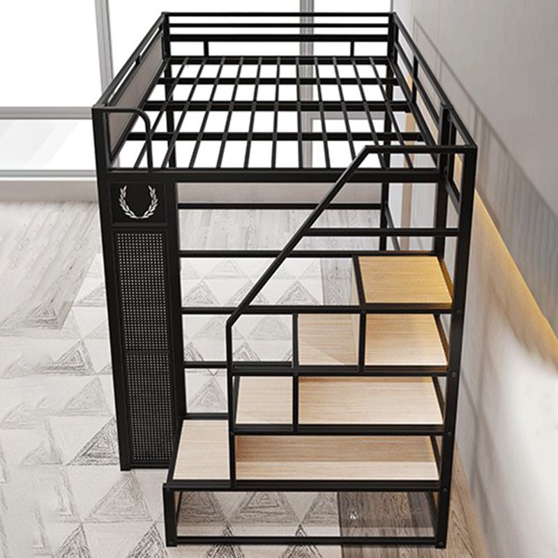 Metal High Loft Bed with Stairway Black Finish Mattress Included Loft Bed