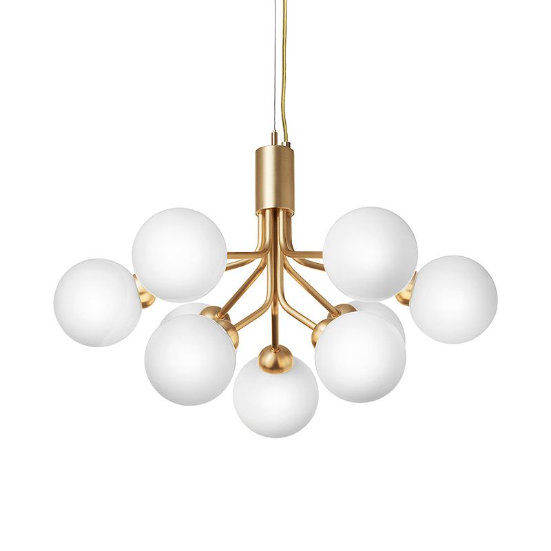 Contemporary 9 Bulbs Chandelier Lighting with Cream Glass Shade Brass Molecular Hanging Lamp Fixture