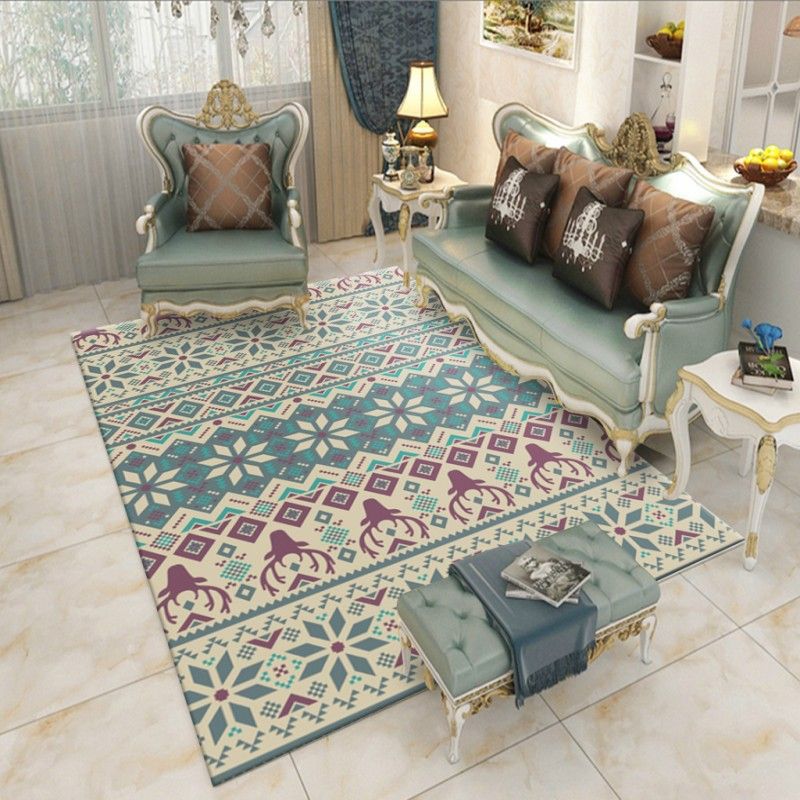 Bohemian Herringbone Print Carpet Polyester Indoor Rug Non-Slip Backing Area Carpet for Living Room