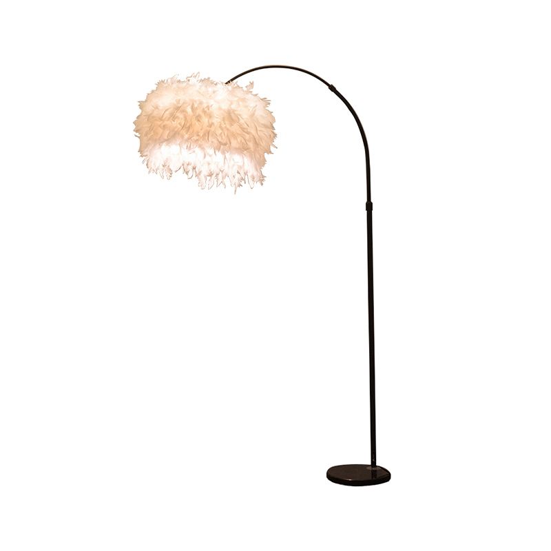 Drum Shaped Feather Standing Lamp Nordic 1-Bulb Black/White Gooseneck Floor Light with/without Tray