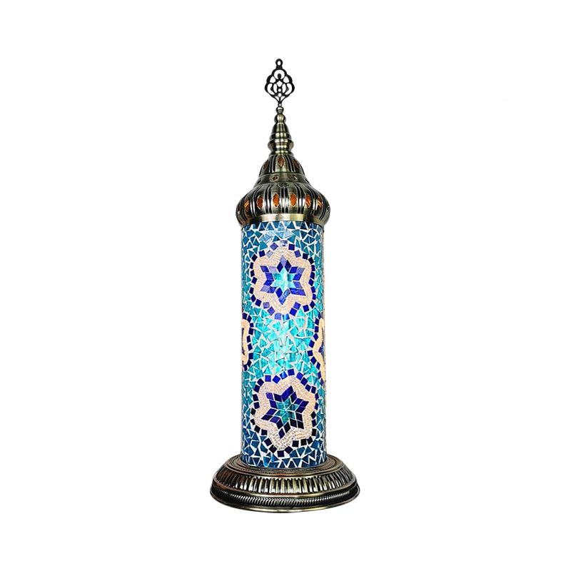 Cylinder Bedroom Table Lamp Traditional Stained Glass Yellow/Blue/Green LED Night Light