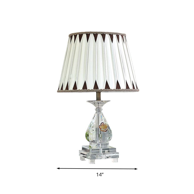 Single Bulb Table Lamp Rural Pleated Shade Fabric Night Light in White with Crystal Base for Bedroom